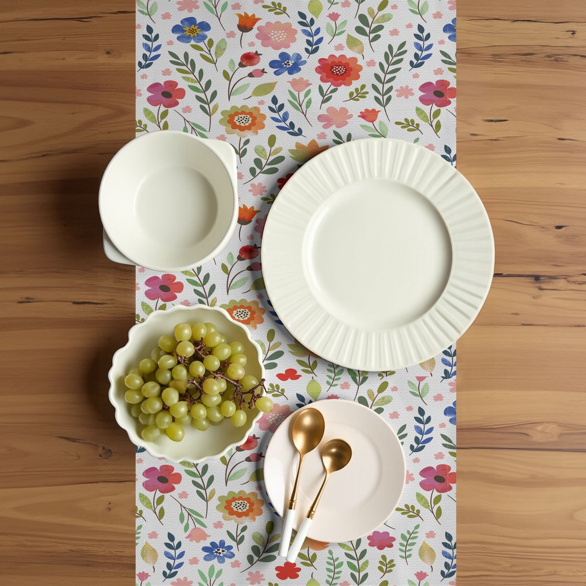 ABAKUHAUS Bloemen-tafelrunner – Levendig natuurmotief groen/wit – 40 x 180 cm