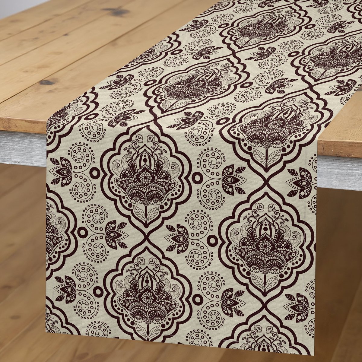ABAKUHAUS Damast-tafelloper – Lotus-ontwerp – 40×180 cm – kastanjebruin en beige