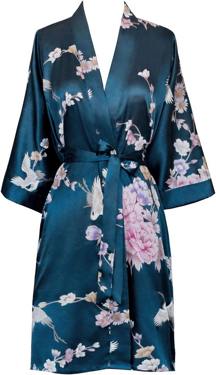 Korte Satijnen Kimono Robe voor Dames - Bloemenprint