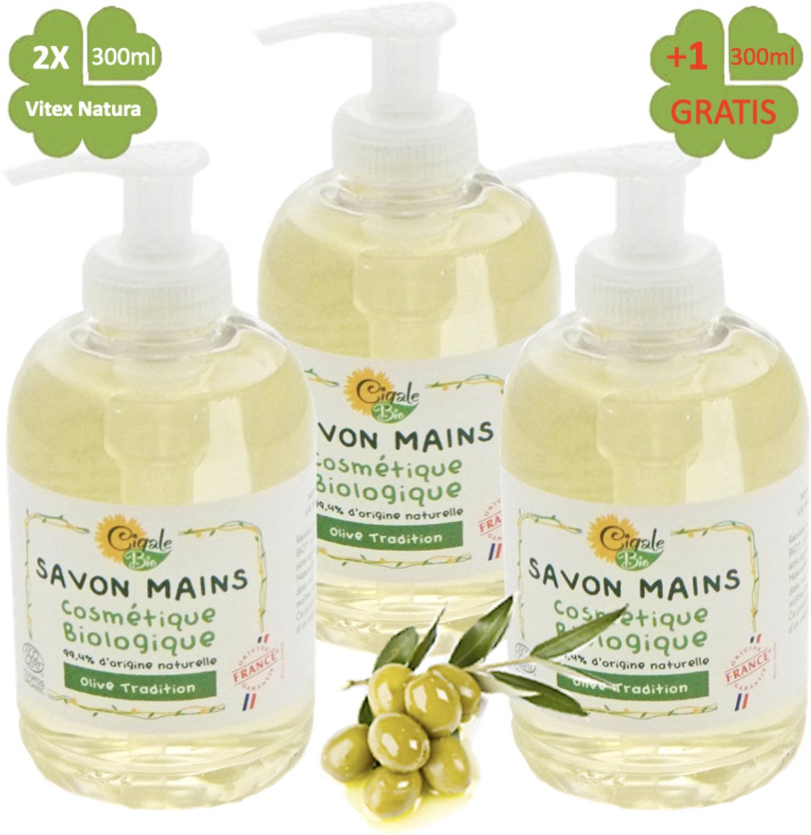 Olijfolie handzeep 2x300ml + 1 GRATIS | Ingrediënten uit biologische landbouw | Cigale Bio Frankrijk