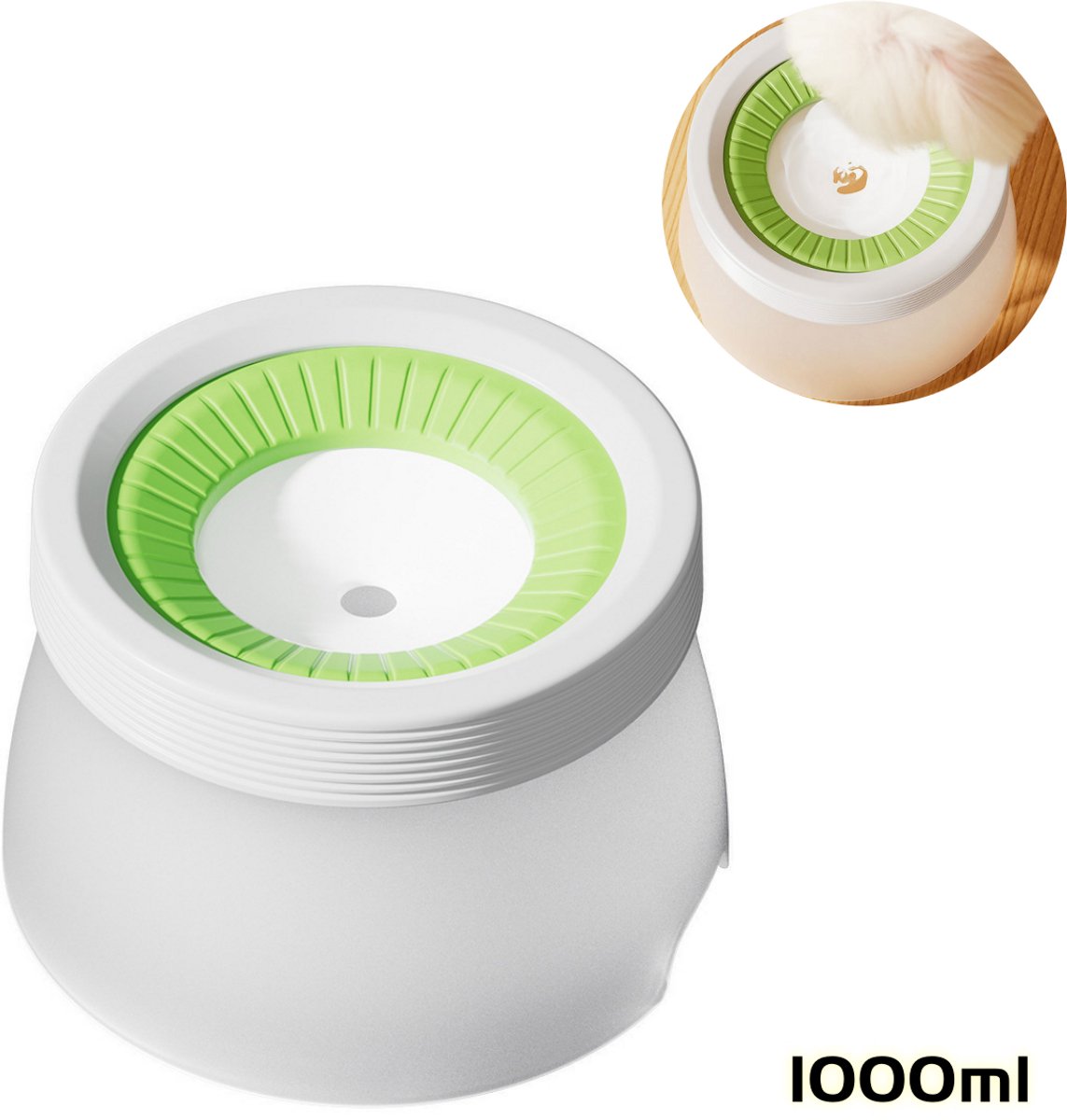 Waterbak - Kom - Geschikt voor puppy's en kittens - Drijvende waterbak - Anti-natte mond - Anti-spatten - Grote capaciteit - Drinkbak voor huisdieren - 1000 ml - Groen