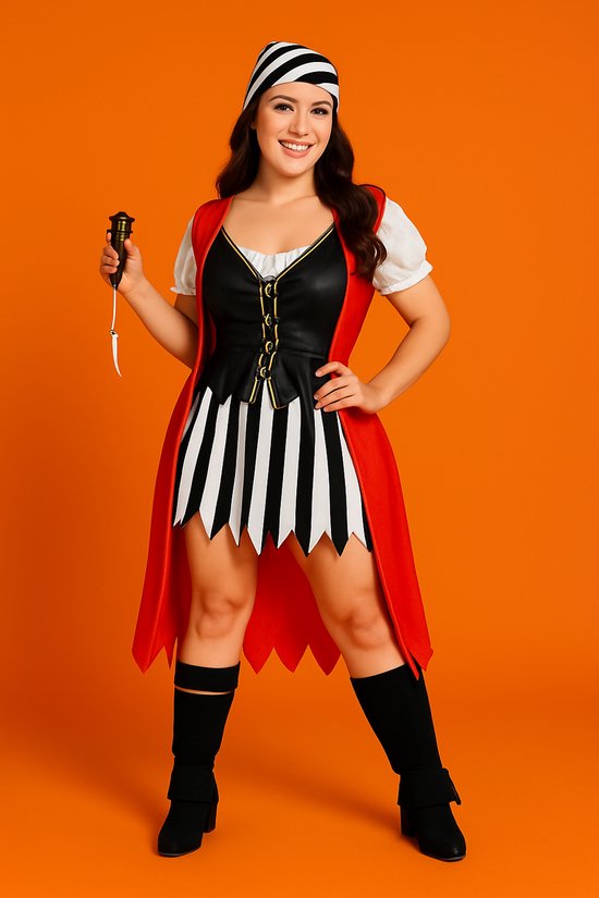 Kapitein Haak kostuum Vrouwen - Carnaval - Piratenpartij Verkleedkleding - rood-wit-zwart - Piraten & Viking Halloween - one size