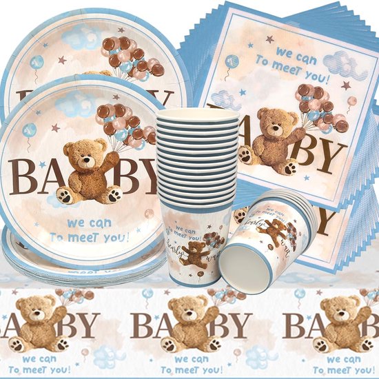 61-delige partyserviesset met berenmotief, bestaande uit verjaardagsdecoraties met berenmotief en servies voor babyshowers, inclusief servetten, papieren bekers, papieren borden en tafelkleden