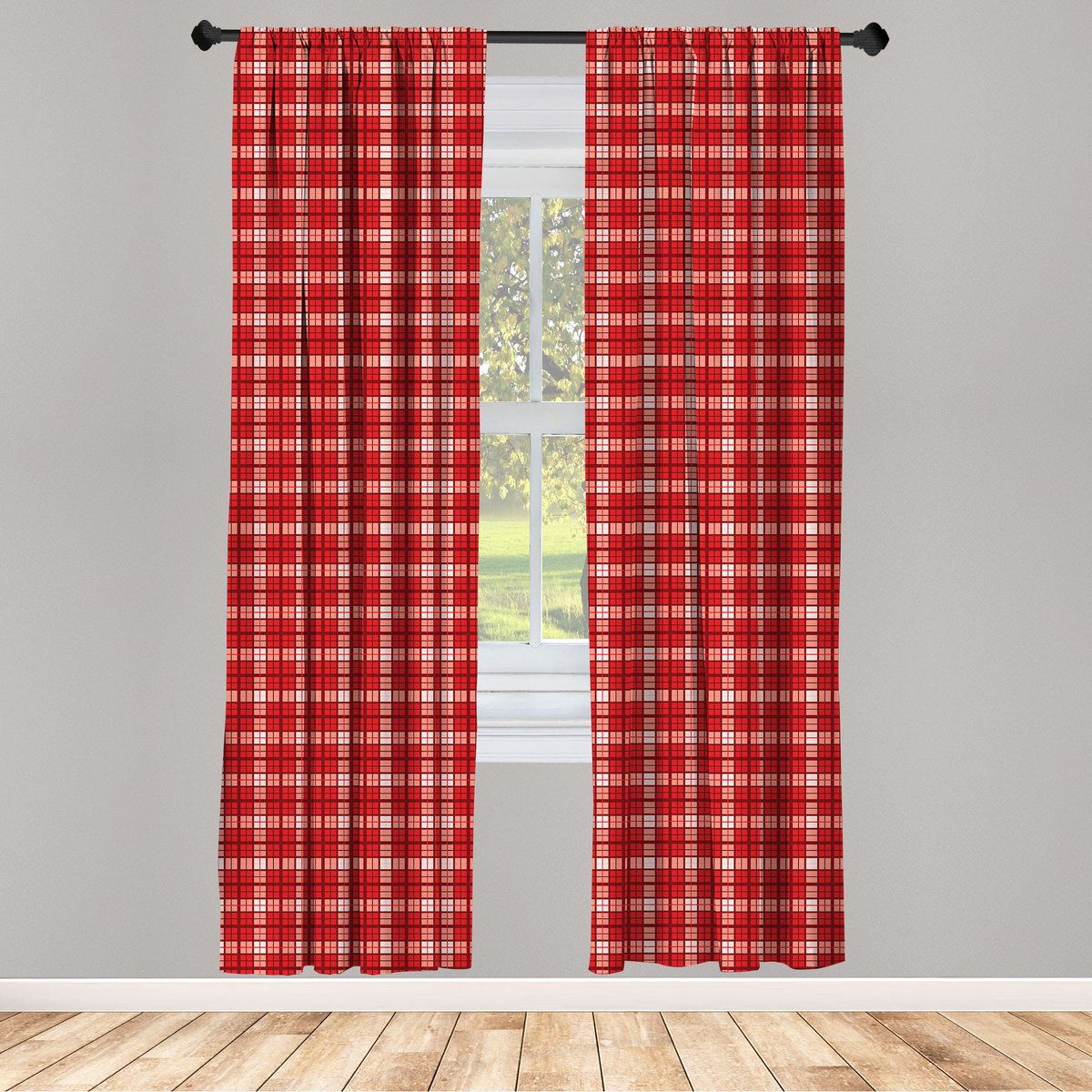 ABAKUHAUS Raamgordijnen – Vintage tartan – 2x75x175 cm Vermiljoen Wit