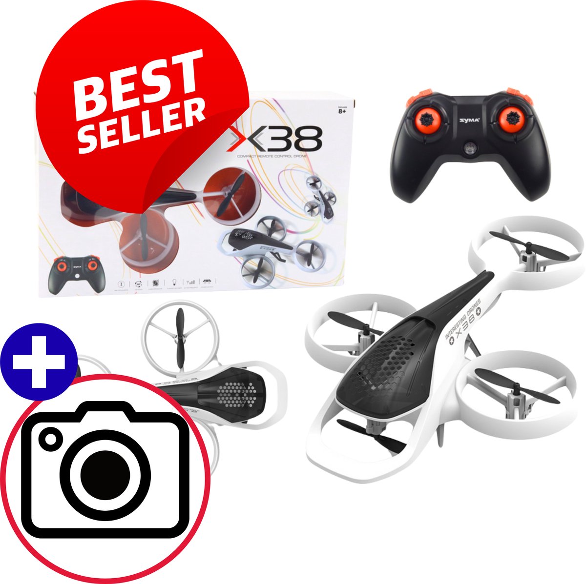 X38 SYMA Drone Wit RC Met Obstakel Detectie, 2.4G Verbinding, 3-Propeller Ontwerp, 30m Bereik, 90min Oplaadtijd, Compact 20×16×5 cm, Lichtgewicht & Duurzaam Speelgoed Voor Beginners – Inclusief Afstandsbediening – Inclusief Cadeau
