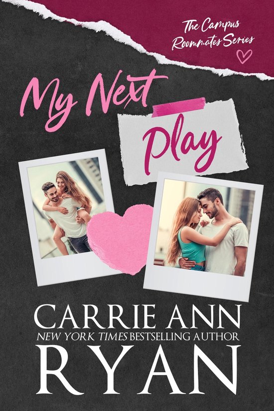 Boekomslag van My Next Play met twee polaroidfoto's van een koppel op een zwarte achtergrond met roze details.