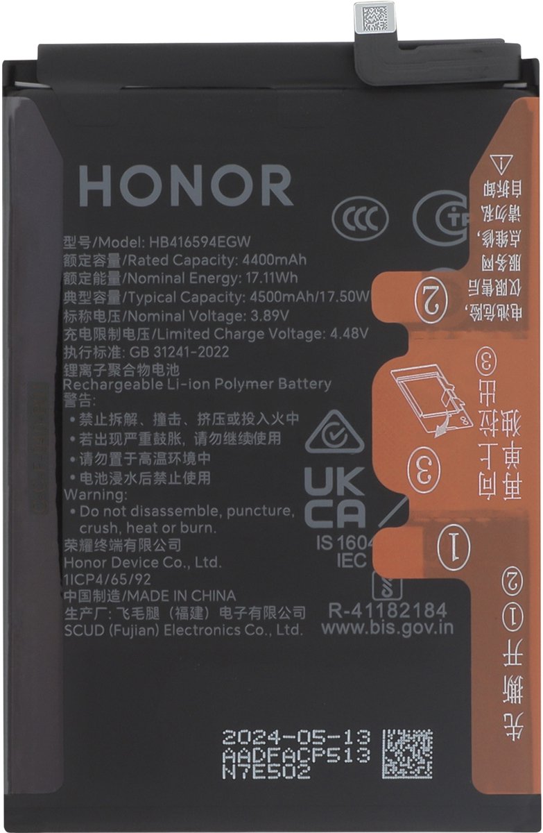 Honor, Originele Batterij voor Smartphone Honor X8a / 90 Lite 4500mAh 3.85V Li-polymeer, Zwart