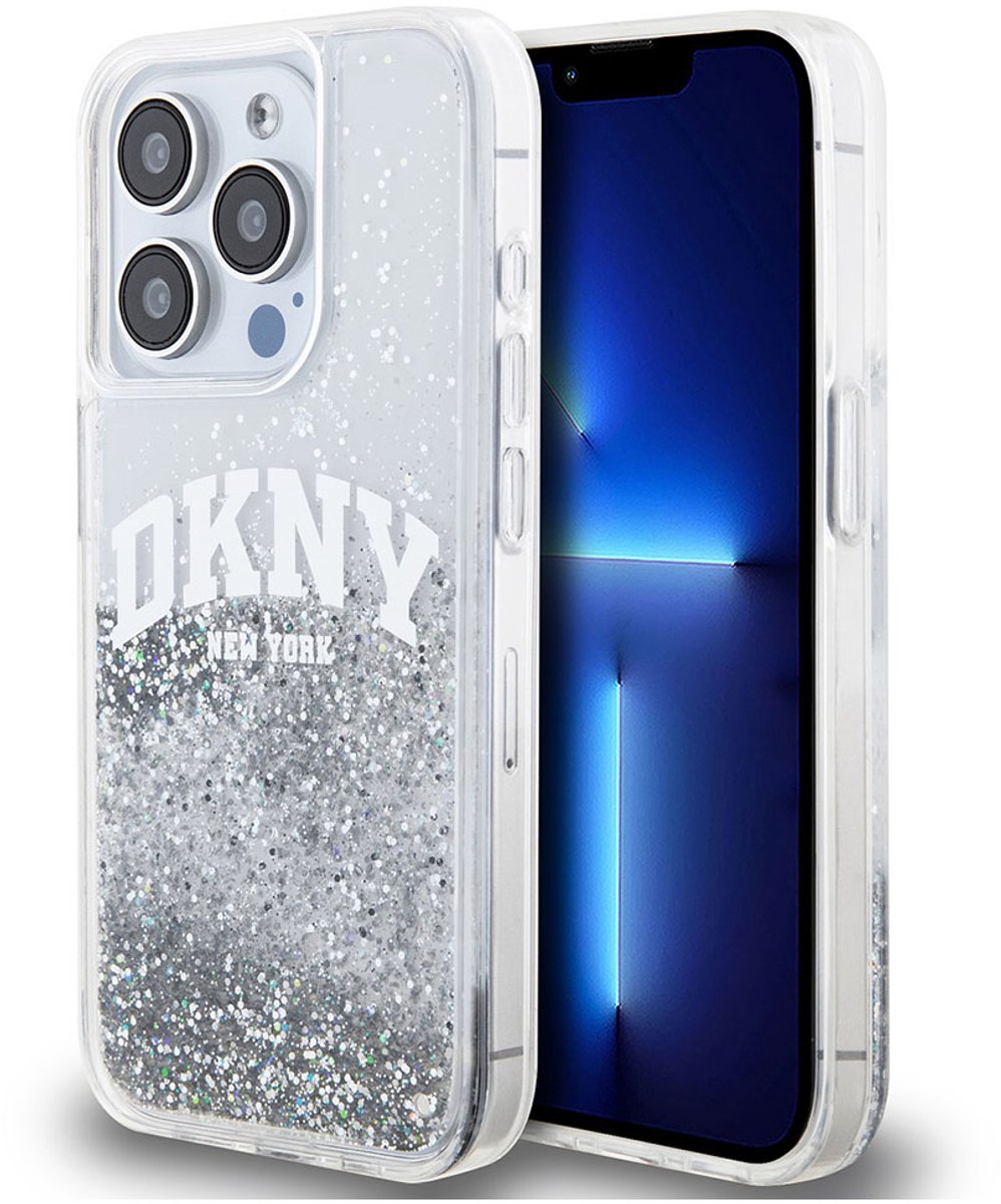 DKNY Liquid Glitter Arch Logo Back Case - Geschikt voor Apple iPhone 15 Pro (6.1") - Wit/Zilver