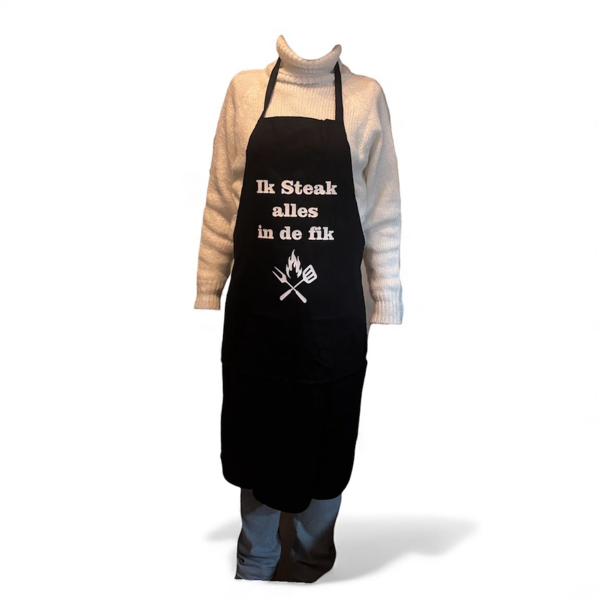 Zwart keukenschort / BBQ-schort met tekst | Ik steak alles in de fik | Katoen - One size - Cadeau voor hem - Vaderdag - Gratis verzending - Cadeau voor Kerst & sinterklaas