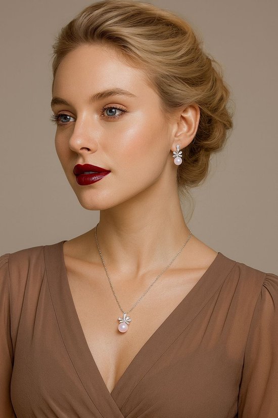 ASTRADAVI S925 Argent Sterling - Coffret Cadeau Bijoux - Magnifique collier pendentif en forme de nœud orné d'une perle et de zircon - avec Boucles d'oreilles Assorties