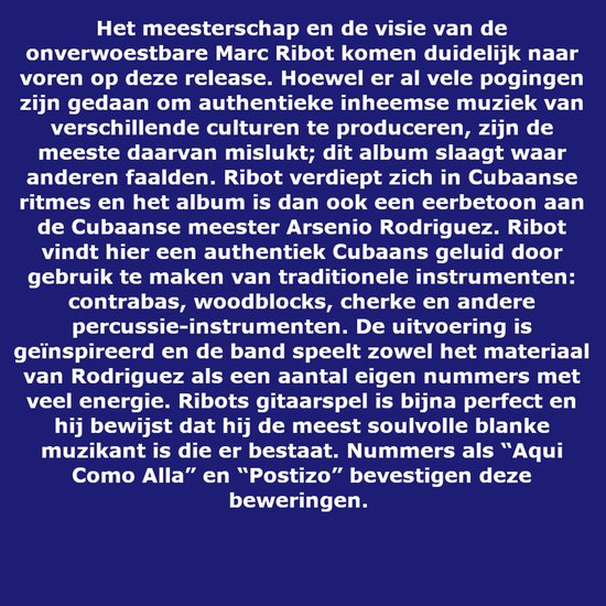 Blauwe achtergrond met witte tekst over Marc Ribot en zijn album.