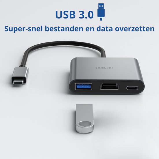 Rolio USB-C adapter: grijze hub met USB 3.0, HDMI en USB-C poorten. USB 3.0 snelle dataoverdracht.