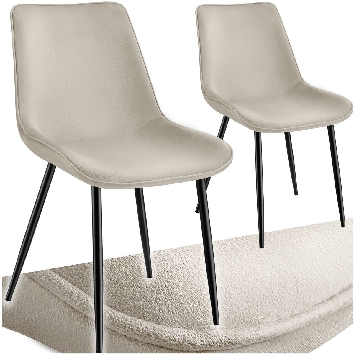 Tectake Eetkamerstoel - Gevoerde fluwelen zitting - Zwart metalen poten - Woonkamer, eetkamer, slaapkamer en kantoor - Draagkracht 120 kg - Set van 2 - Crème /zwart creme