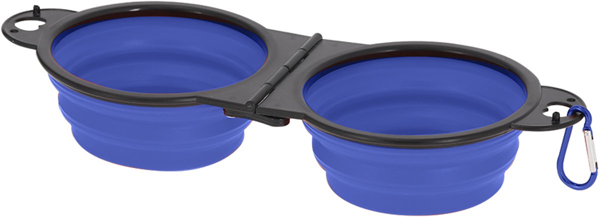 Dubbele opvouwbare dieren voerbak 450ml - stevig TPE- kleur Blauw - inclusief karabijnhaak