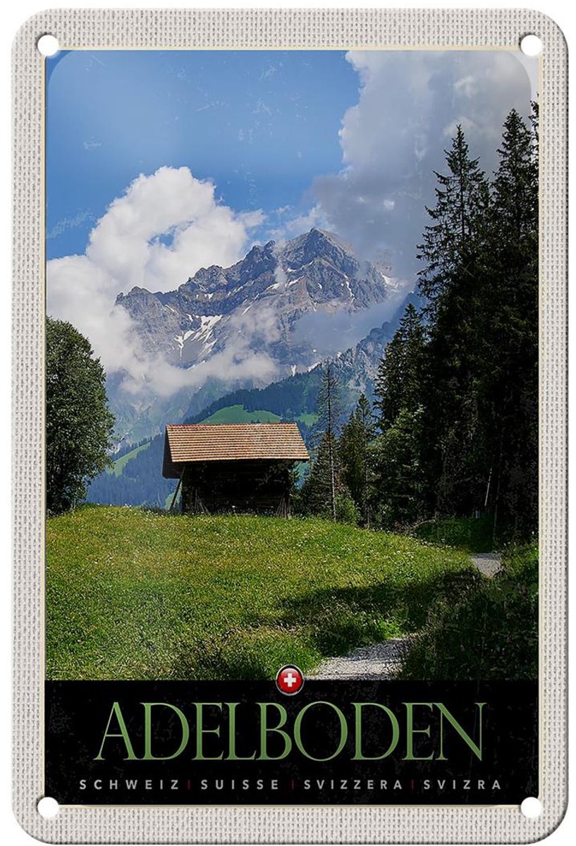 Blechschild Reise 12x18cm Adelboden Schweiz Wälder Häuschen Schild