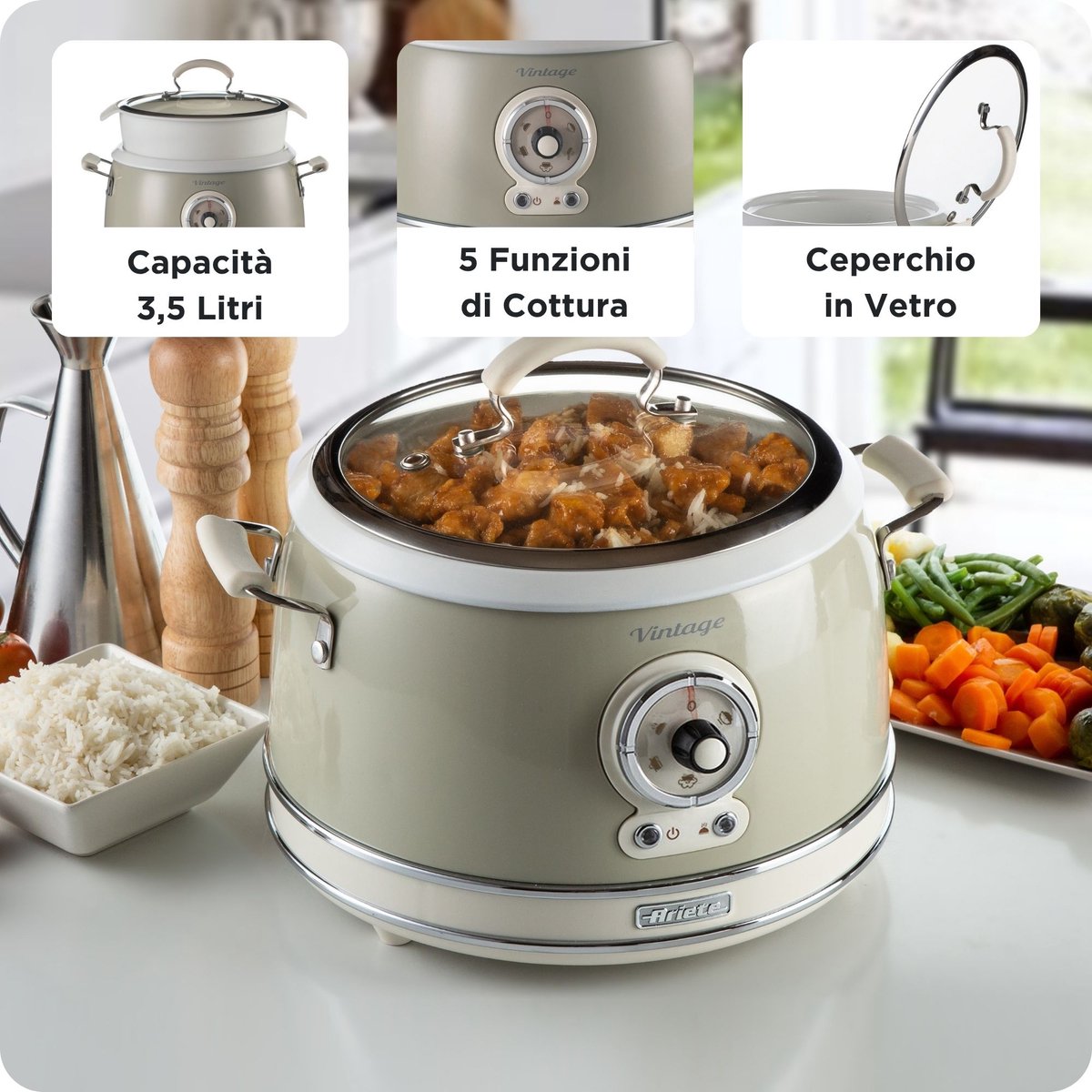 Ariete 2904/03 - Vintage Slowcooker - XL Rijstkoker - 3.5 Liter inhoud - 700 Watt - warmhoudfunctie - Beige – foto 7
