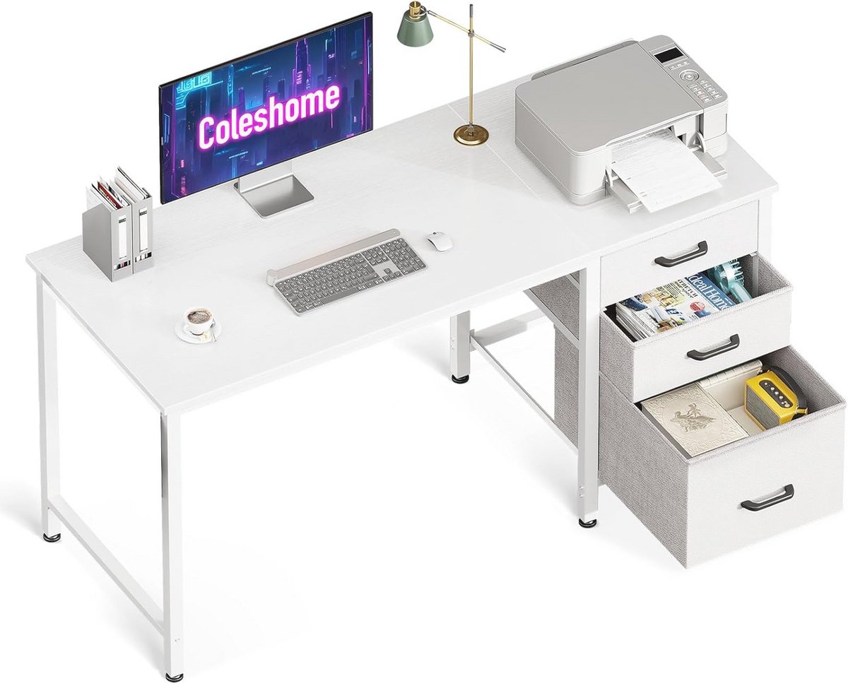 Bureau met 3 stoffen lades en hoofdtelefoonhouder voor klein thuiskantoor - 120x48cm