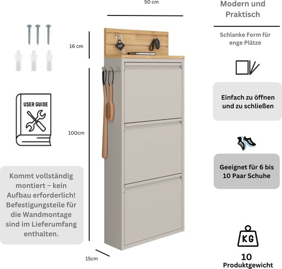 Furni24 meuble à chaussures avec accessoires, gris, 3 portes, 50 x 15 x 103,5 cm, incl. crochet à clés