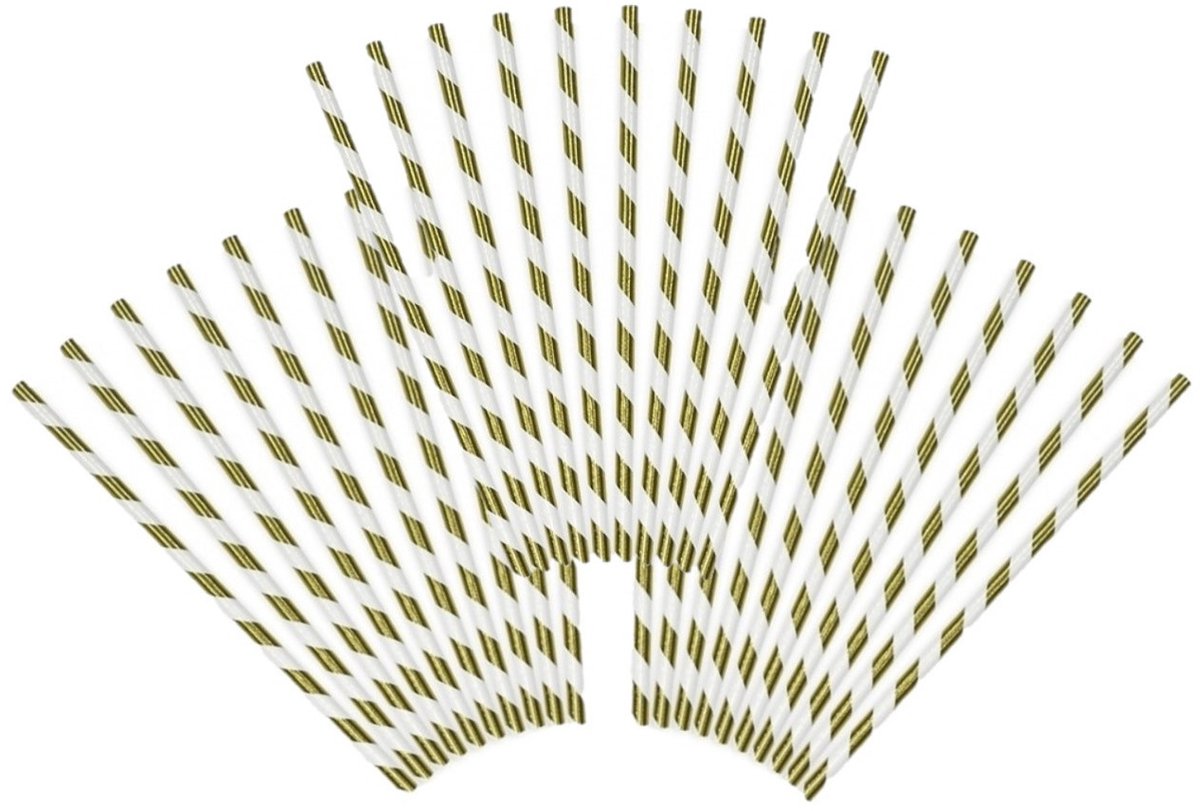 Gestreepte rietjes van papier - goud/wit - 60x stuks - Verjaardag party drinkrietjes