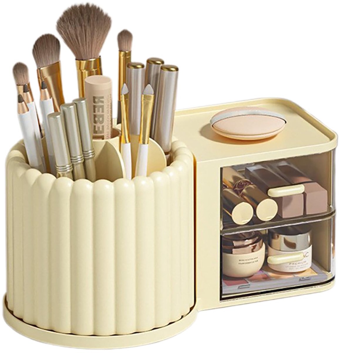 1 x Opbergdoos - Draaibare bureau-organizer - Multifunctionele organizer voor potloden, cosmetica en kleine voorwerpen - Met lade - Geschikt voor op kantoor of op het nachtkastje - Geel