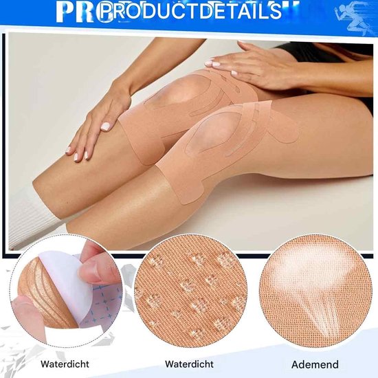Beige sporttape aangebracht op knieën, met close-ups van waterdichte en ademende eigenschappen.