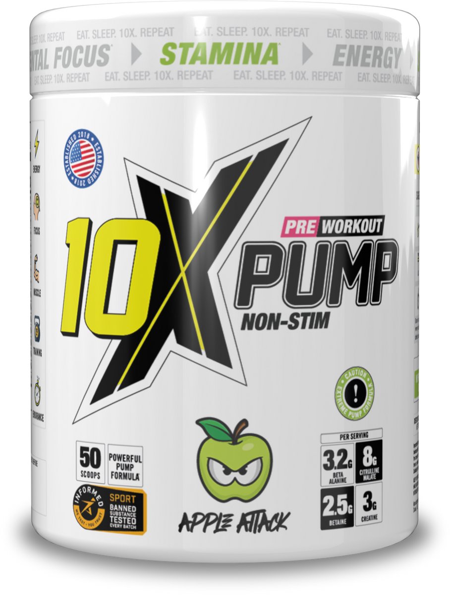 10X - Athletic - PUMP - Stim free - No Caffeine PWO - Apple Attack - Appel