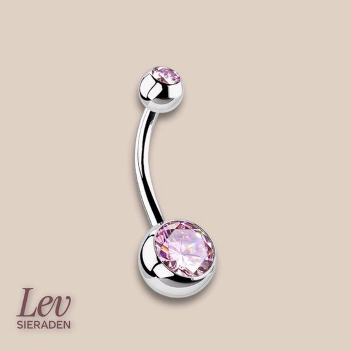 Lev Sieraden - Titanium double jewelled navel barbell piercing - 1.6 x 10 mm - 5 mm en 8 mm bal - Roze Zirkonia steen