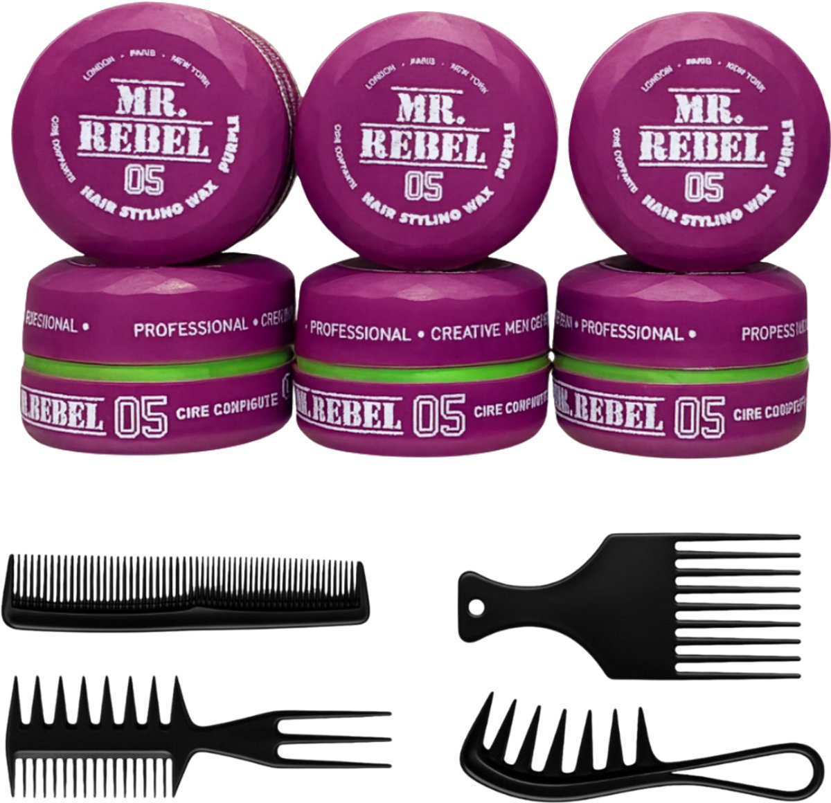 MR. REBEL 05 Hair Styling Wax – 6 Stuks + 4 Stylingkammen Set - Haar Wax Mannen - Haar Wax