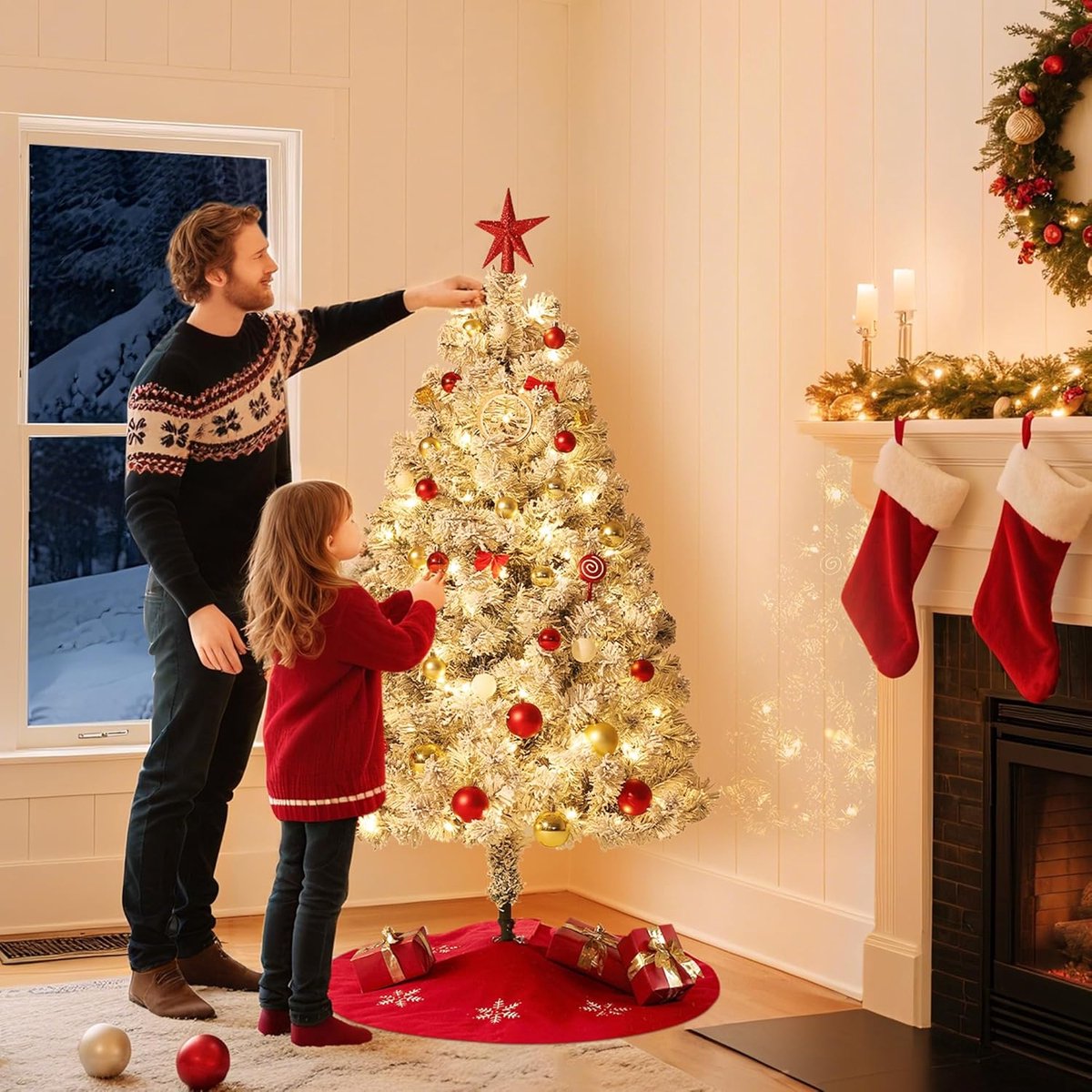 Kunstkerstboom – 120 cm – Met Verlichting – 100 LED – besneeuwd –Warm Wit – PVC Dennenboom – Wit – foto 6