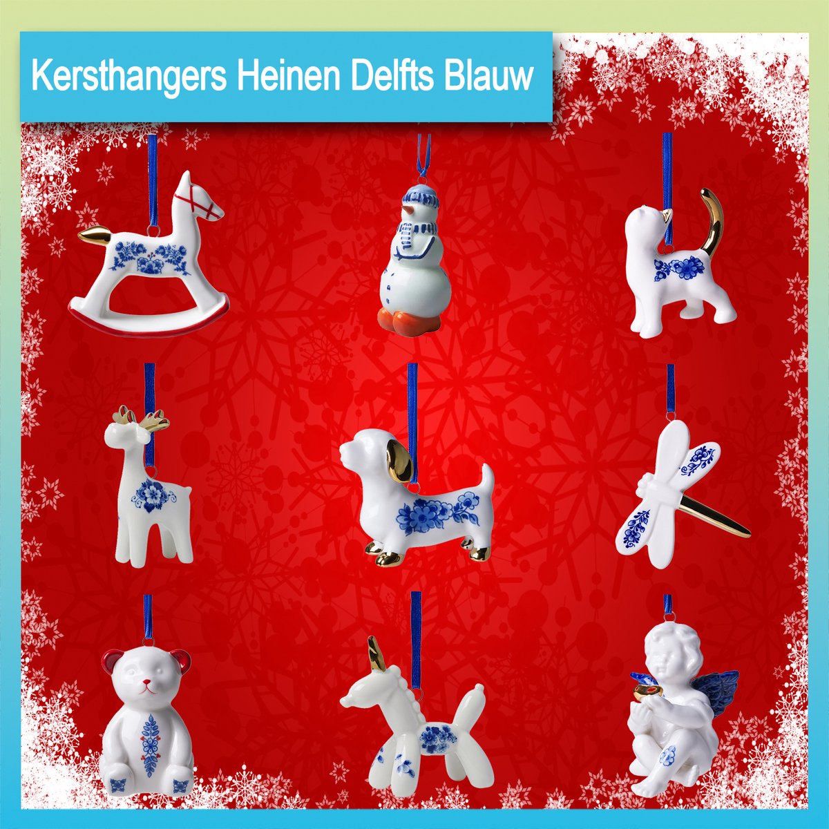 Kersthangers Heinen Delfts Blauw Set van 9