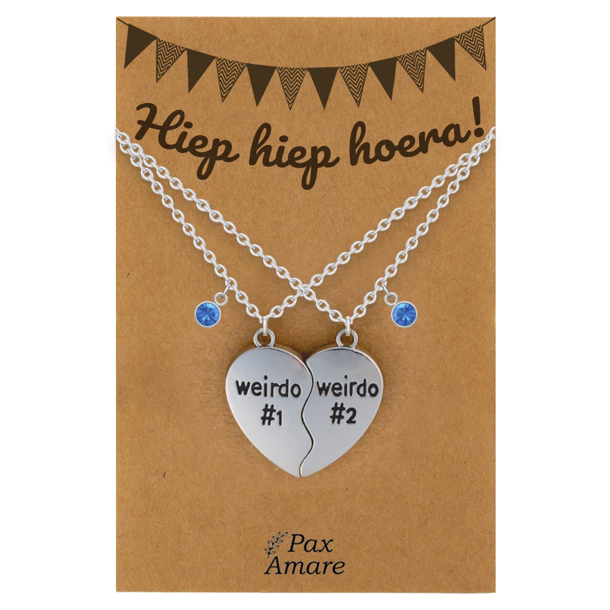 BFF Ketting voor 2 'Hiep Hiep Hoera' - Weirdo's Hartje - Vriendschapsketting op Cadeau Kaartje - 45cm + 5cm verstelbaar - Zilverkleurig - Verjaardags Hanger - Pax Amare