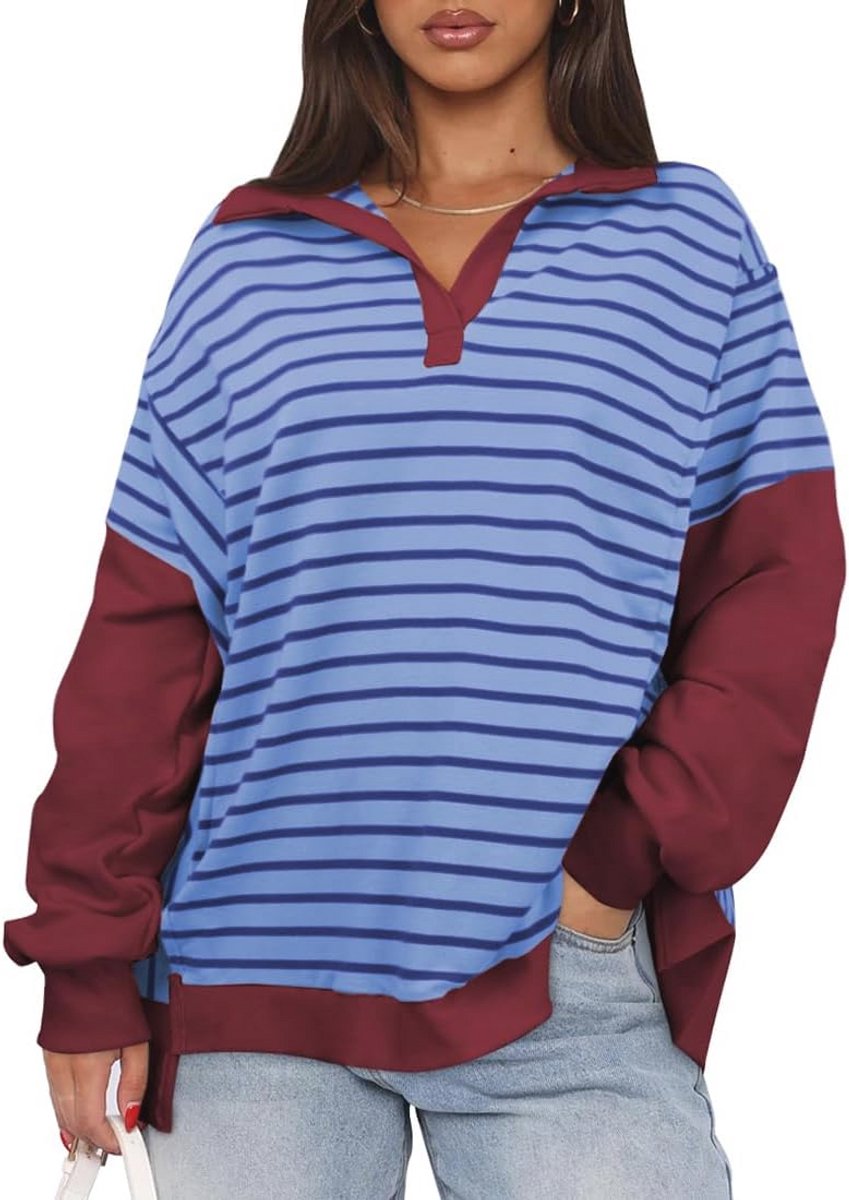 Gestreept Patchwork Sweatshirt voor Dames met Grote V-hals in Grote Maten