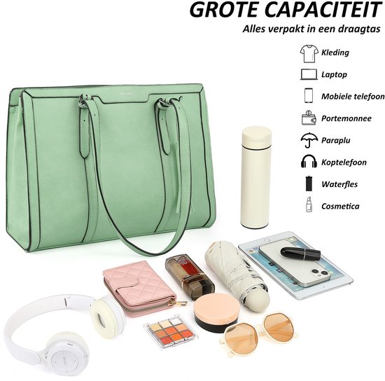 Lichtgroene laptoptas met demonstratie van de grote capaciteit, naast diverse items zoals kleding, laptop, telefoon, portemonnee, paraplu, koptelefoon, waterfles en cosmetica.