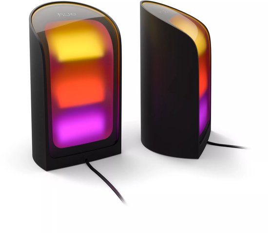 Deux lampes de table Philips Hue Play noires avec éclairage coloré jaune, orange et violet à l'avant.