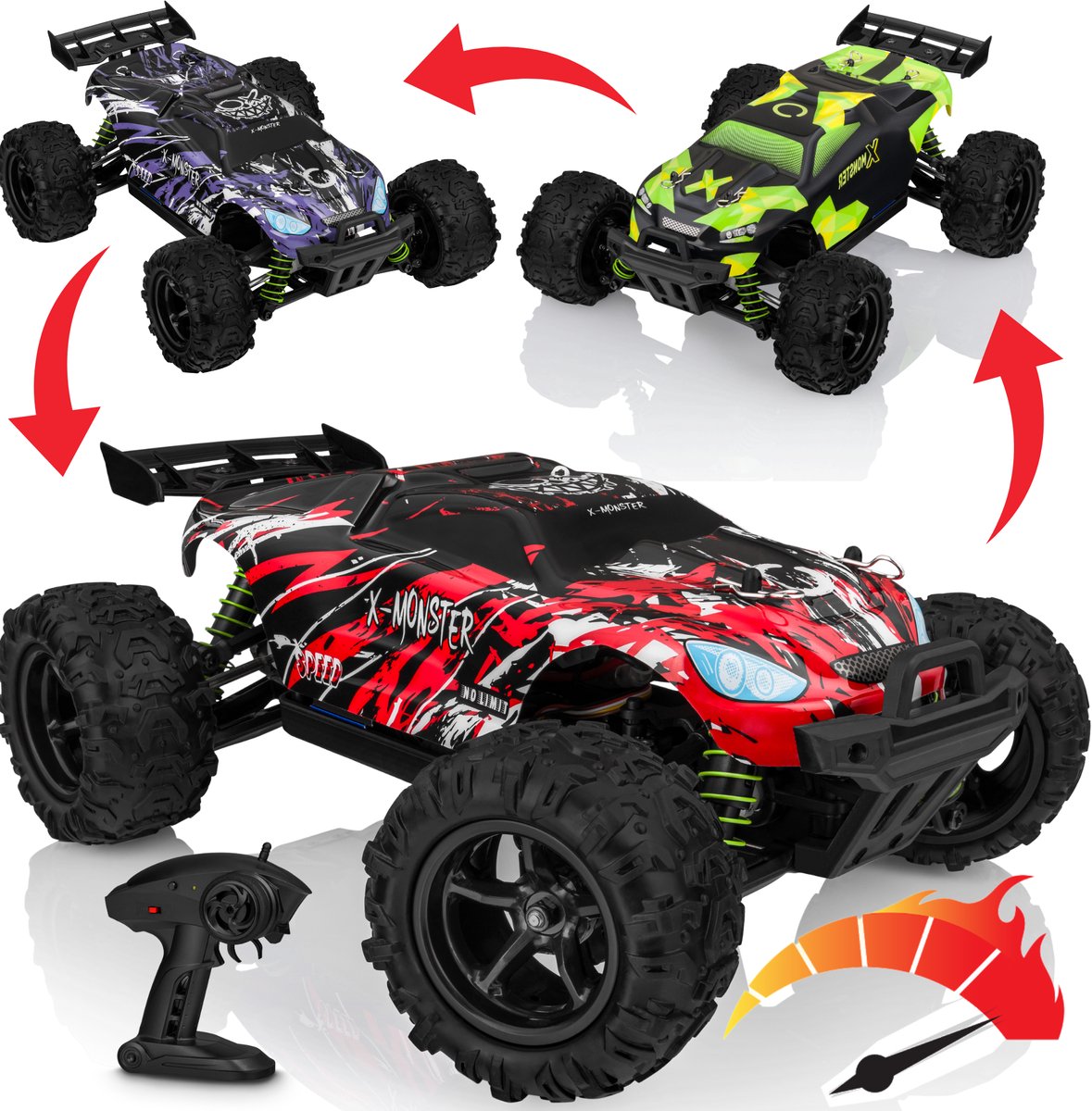 Overmax X-Monster 3.5 RC Auto + Set van 3 Carrosserieën – 4x4 – 1:18 Schaal – 30 km/u – Bereik 100 m – 2 Accu’s (40 min) – Offroad – TÜV-gecertificeerd - Bestuurbare Auto