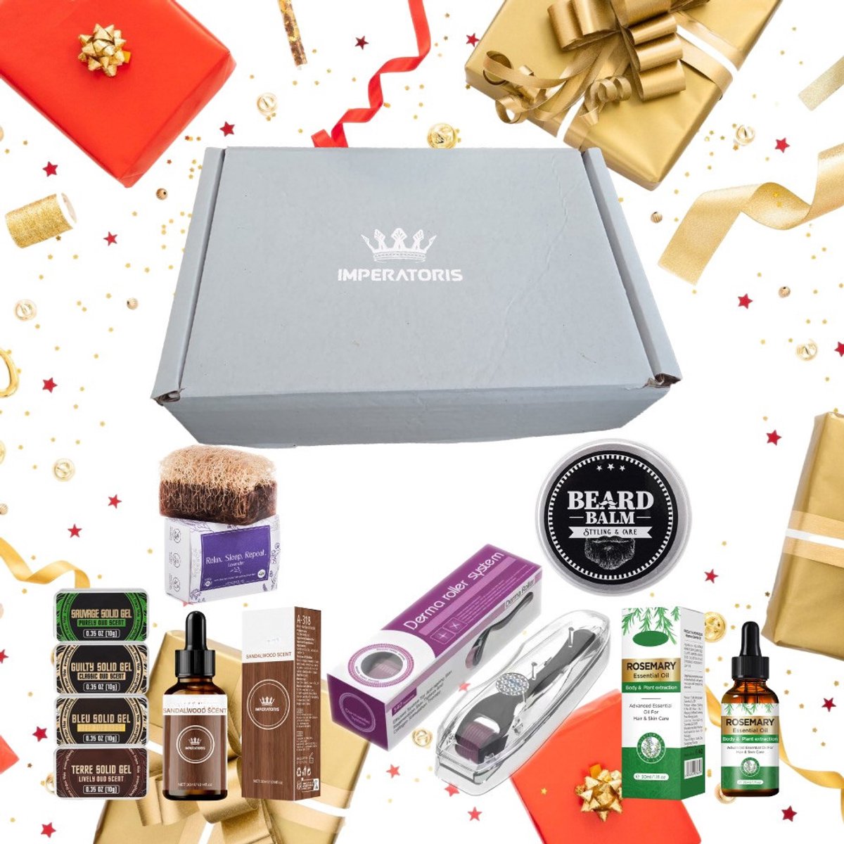 Imperatoris | Gezicht/Huid Verzorgings Giftset/Set Mannen - Rozemarijn/Haar Olie Rosemary/Hair Oil - Baard/Beard Balm Kit - Solid Parfum - Darmaroller/Darmastamp - Lavendel Lichaam/Hoofd Zeep