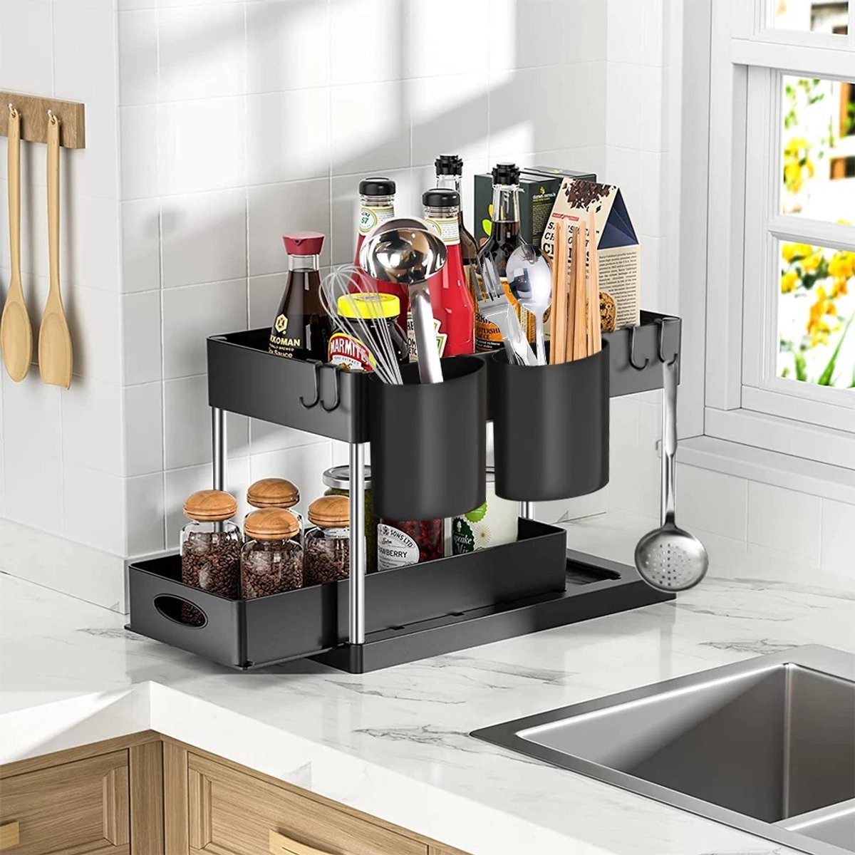 Uitschuifbare Kastorganizer (2 Lagen) - Zwart Opbergsysteem met Lade en Haakjes - Perfect voor de Keuken, Badkamer of Voorraadkast