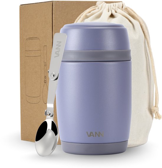 VANN® Thermos Lunchpot 450ML – Soepbeker To Go, Yoghurt Beker To Go – Muesli Beker met Lepel – Thermos Voedselcontainer - Greypurple