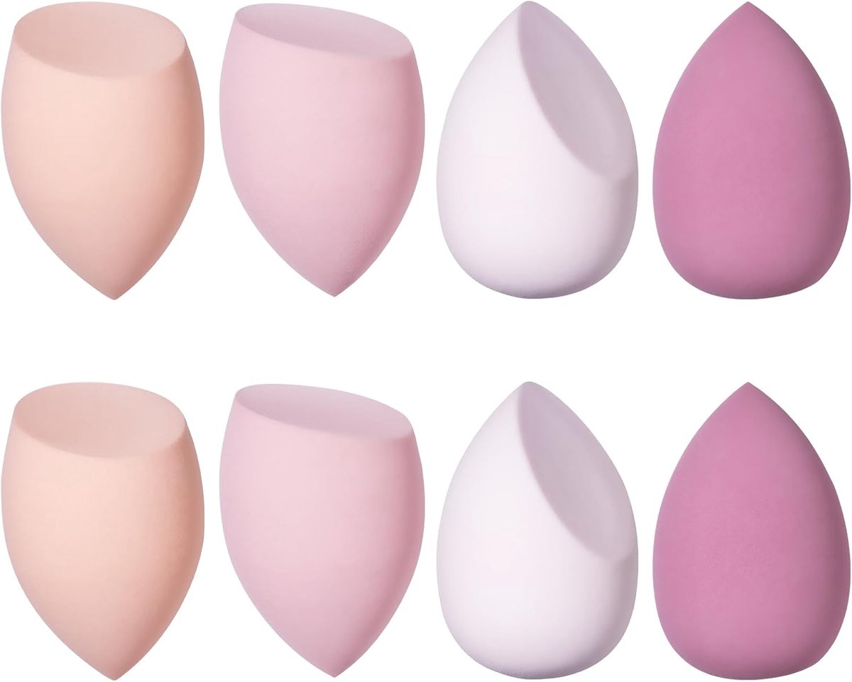 Famanu – Set van 8 beautyblenders – Latexvrije make-up sponzen in drie vormen – Voor vloeibare en poedermake-up – Paars (Roze)