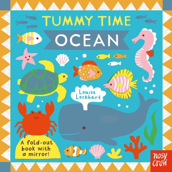 Tummy Time Ocean boek met kleurrijke zeedieren, zoals een walvis, zeester, zeeschildpad, zeepaardje en krab.