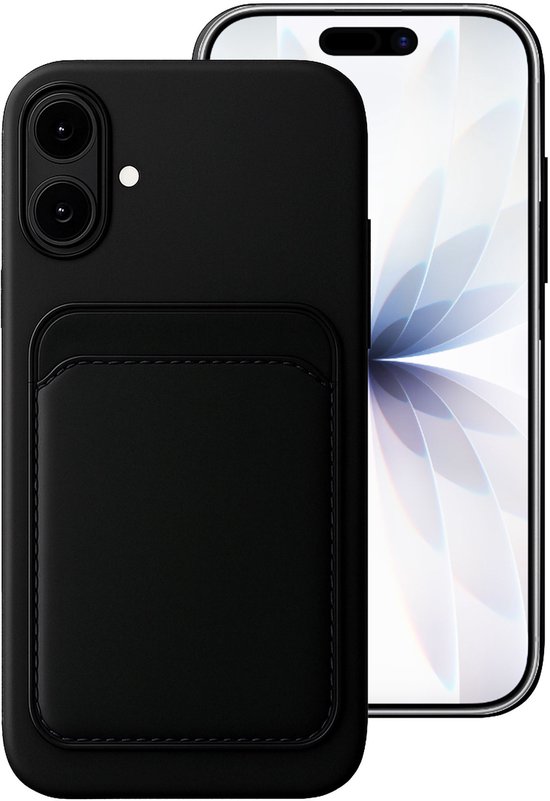 Coque de téléphone noire avec porte-cartes à côté d'un téléphone avec un motif abstrait sur l'écran.