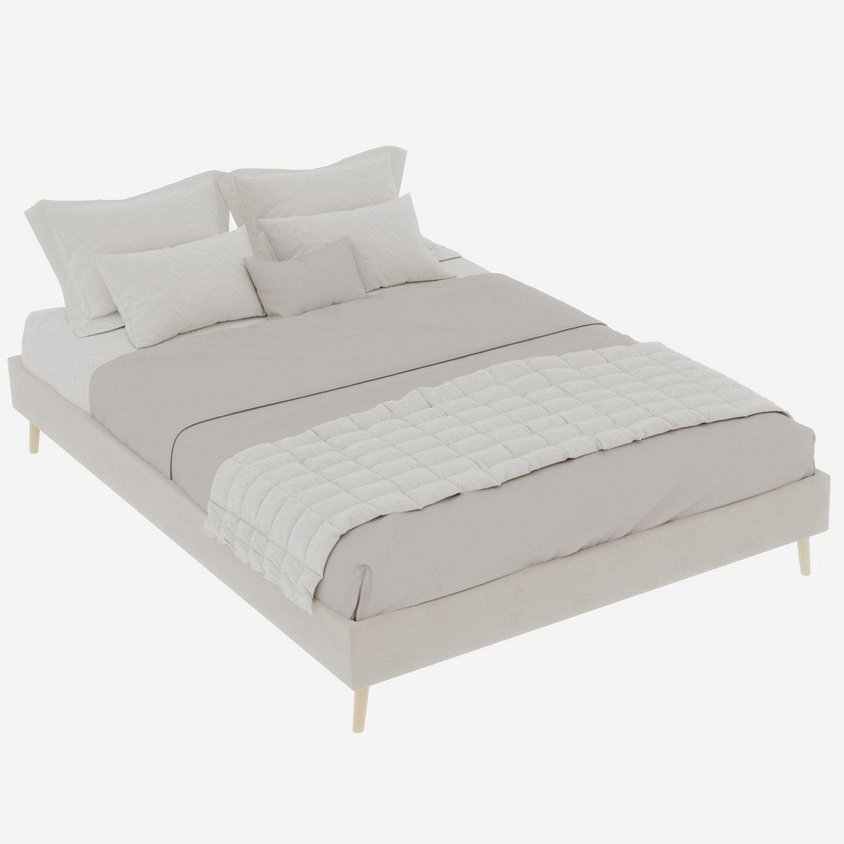 Merax Bedframe 140x200 - Fluwelen Stof Beige - Modern Laag Platformbed - Gestoffeerd - Metalen Frame - Houten Lattenbodem - Zonder Hoofdbord en Matras
