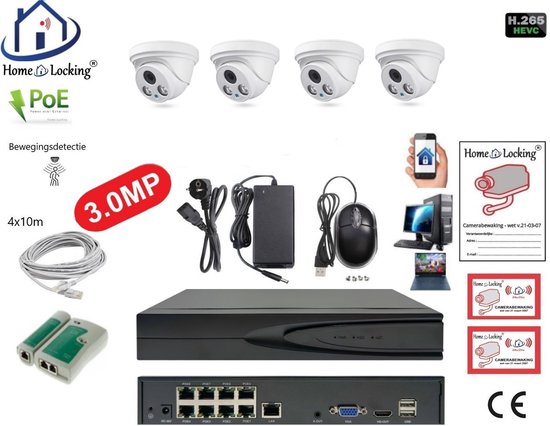 Systeemaanzicht van Home Locking: 4 witte domecamera's, NVR, PoE-injectoren, kabels, adapter, muis en handleiding.