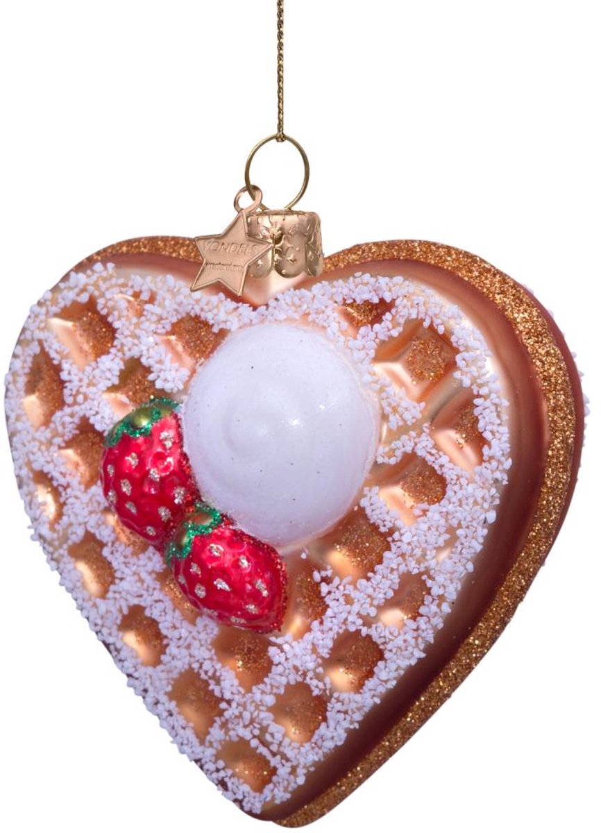 Bruine glazen kerstbal van Vondels in wafel met ijs design, 8cm groot.