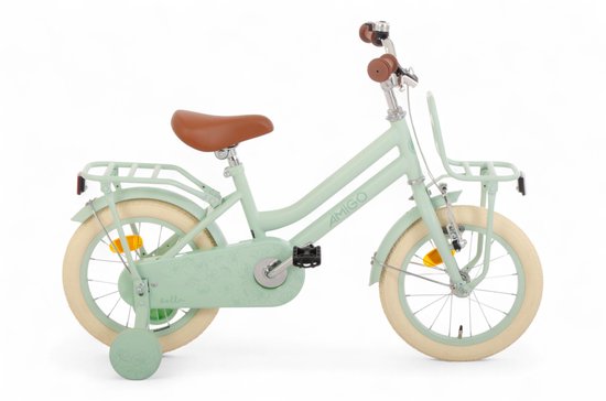 Vélo enfant vert pâle avec guidon et selle marrons, pneus blancs, panier avant et roulettes.