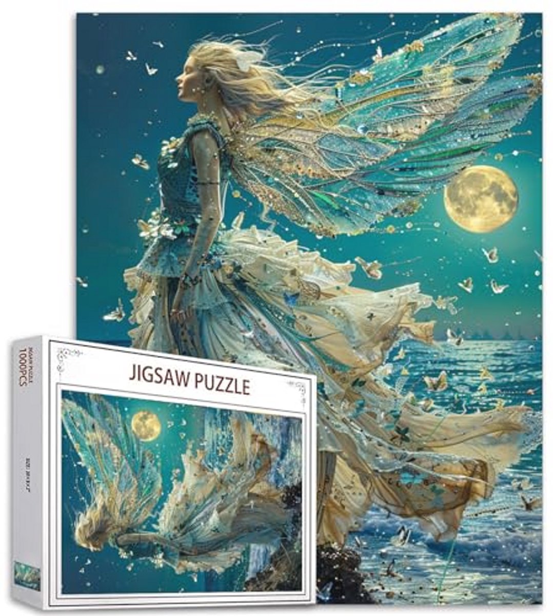 1000 stukjes legpuzzel voor volwassenen, abstracte kunst puzzel met oceaan en maanlicht, uitdagende familieactiviteit