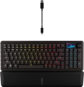Zwart mechanisch toetsenbord met RGB-verlichting, polssteun en USB-kabel.