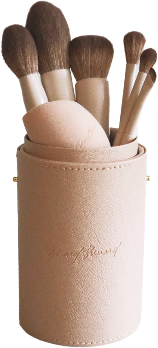 Gérard Brinard | Luxe 6-delige make-up kwastenset in beige leather koker make-up kwasten, oogschaduw, foundation, poeder kwast.