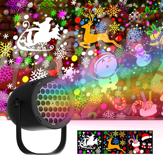 Zwarte projector met kerstige projecties: slee met kerstman, rendier, sneeuwpop, sneeuwvlokken, kerstballen en snoepstokken.