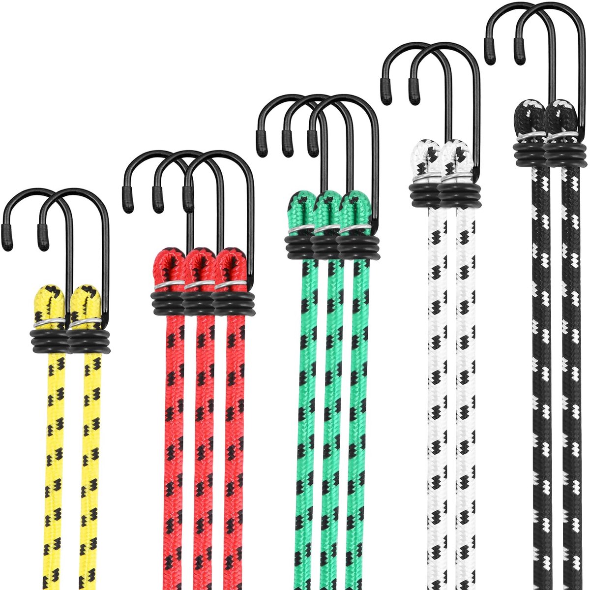 Elastische Spanbanden Set 12-delig - 5 Lengtes (30/40/60/80/100cm) - Rubber Spanband met Haken voor Fiets, Koffer, Transport - Sterke Trekkoord met Veilige Metaalhaken - Huishoudelijk & Outdoor Gebruik